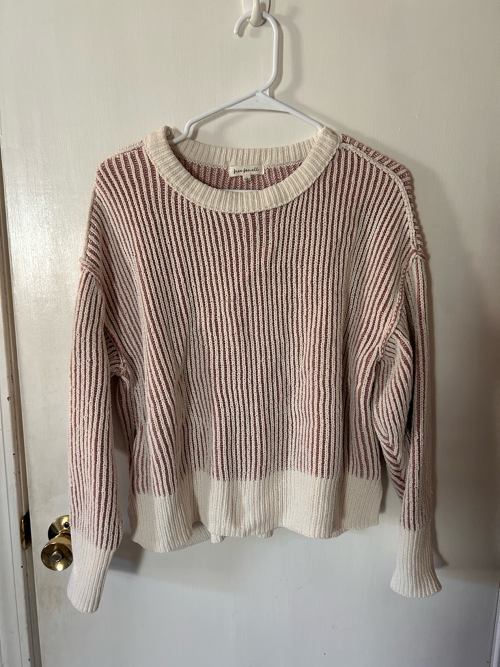Free People Cream and Dusty Rose Ribbed Stripe Crew Sweater